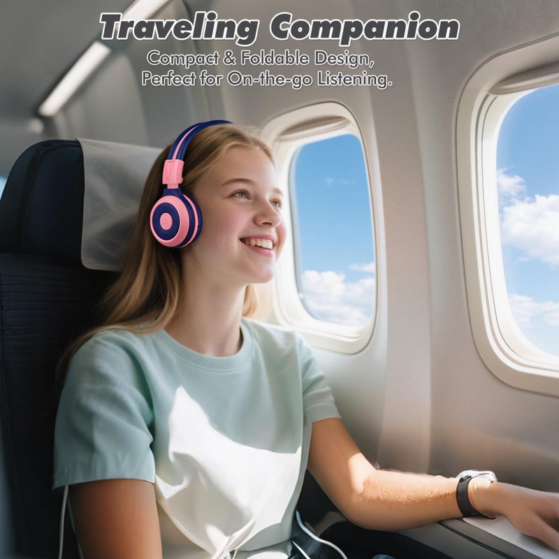 SIMOLIO Wireless Headphones Girls, Bluetooth Foldable Childrens Headphones with Mic and Volume Limited, Over-Ear Stereo Headset for Fire Tablet iPad School Travel Airplane Cellphones, Wired Mode Pink - Image 3